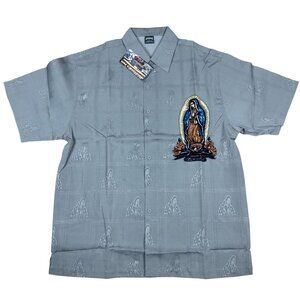 Cruzin Low Virgin Mary Mens Short Sleeve Button-Up Shirt  Size M Grey Polyester